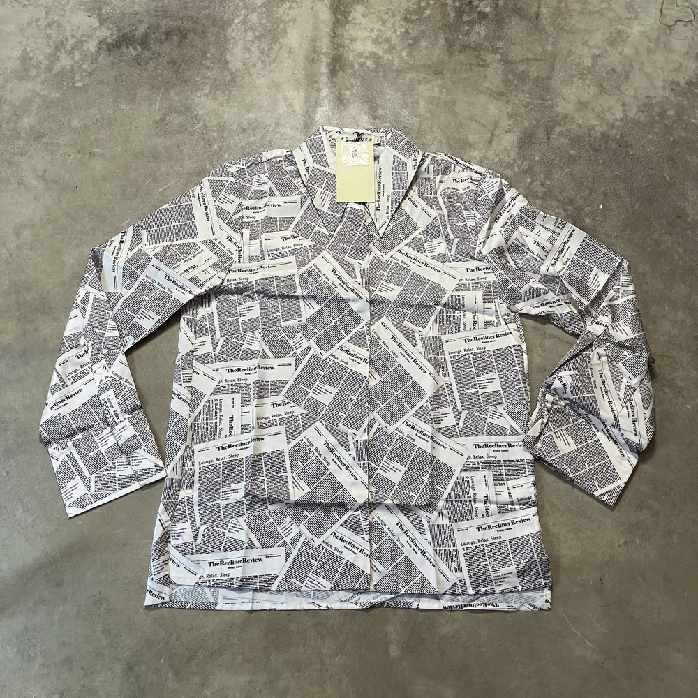 Recliner NYC Loungewear Womens Size XS Point Collar Newspaper Print Button Up